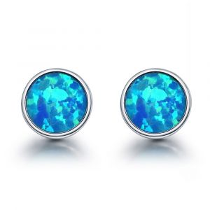 Genuine 925 Sterling Silver Minimalist Simple Round Blue Fire Opal Stone Unique Stud Earrings Women Jewelry Brinco