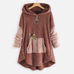 Women's Fleece Jacket Pullover Casual Sherpa Fleece Teddy Zip Up Front Pocket Pink Cat Street Hoodie Long Sleeve Fleece